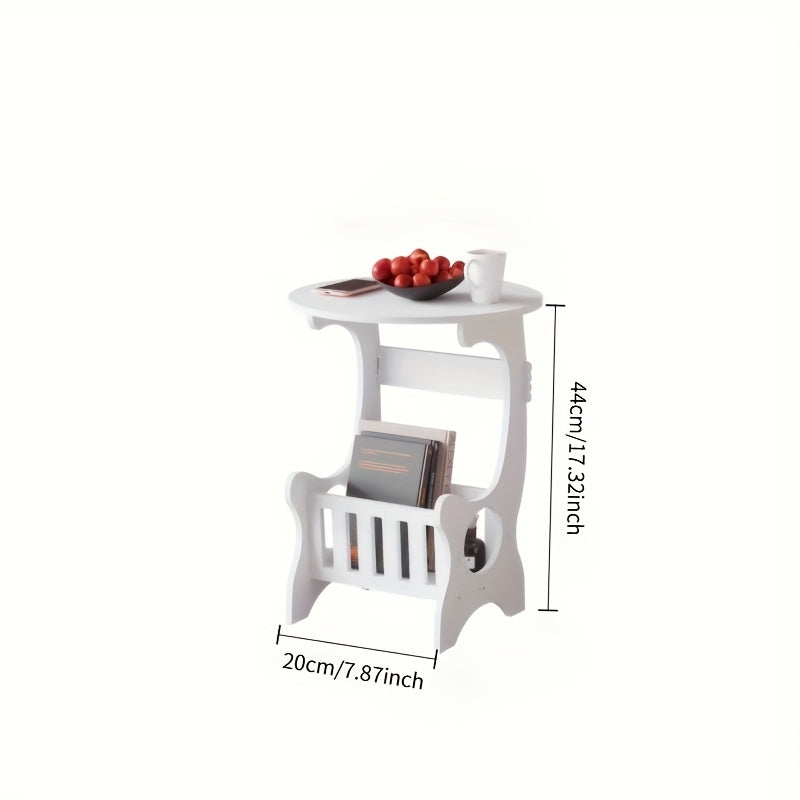 White Round Minimalist Bedside Table with Magazine Rack, Space-Saving Home Design