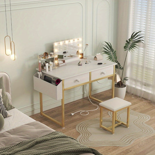 White Makeup Vanity Desk No Mirror with Chair, Small Vanity Table Set with Fabric Drawers
