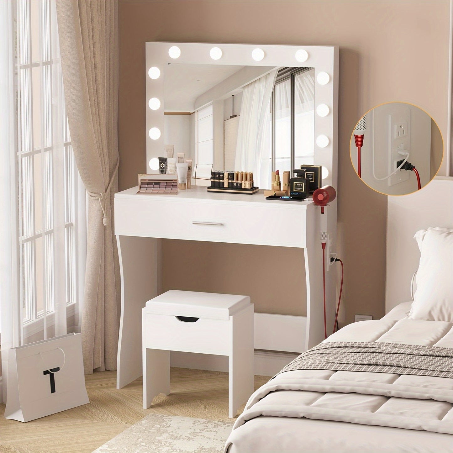 3-Drawer Vanity Desk With Lights - Makeup Vanities With Mirror, Power Outlet