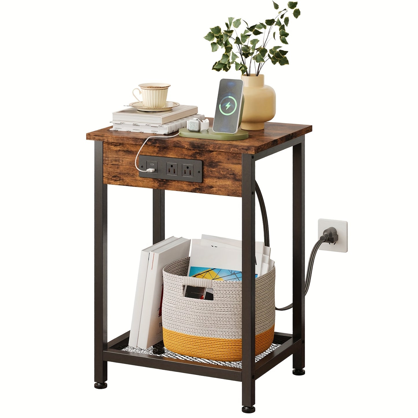 USB Side Table TOMNK 2-Tier 21.6in Side Table with USB Port and Power Outlet